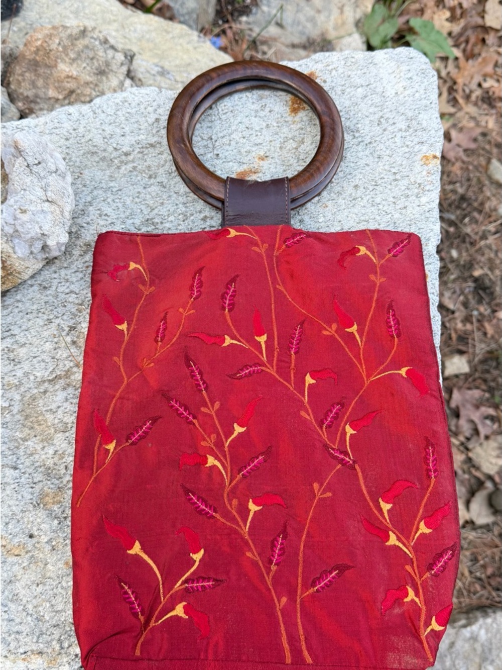 Embroidered silk Red Tote with Wooden Ring Handles